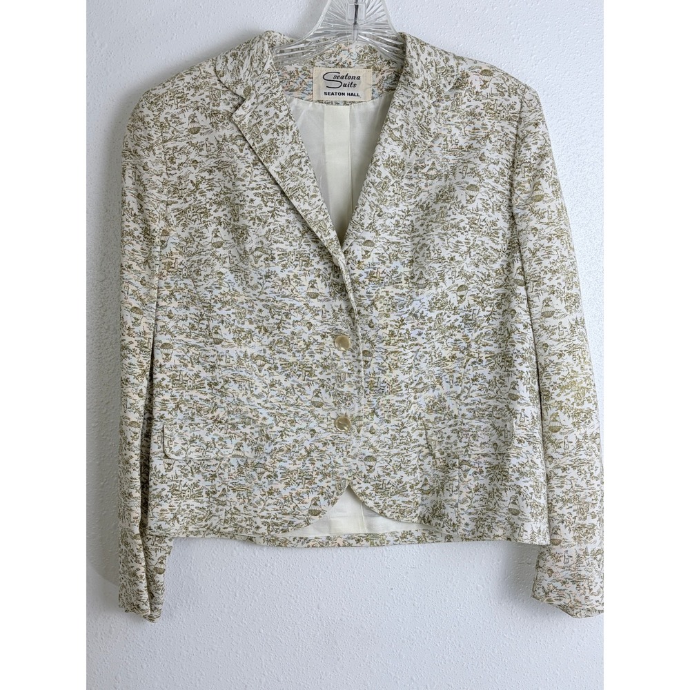 Vintage Seaton Hall Green Cream Toile Hot Air Balloon Print Blazer Womens M